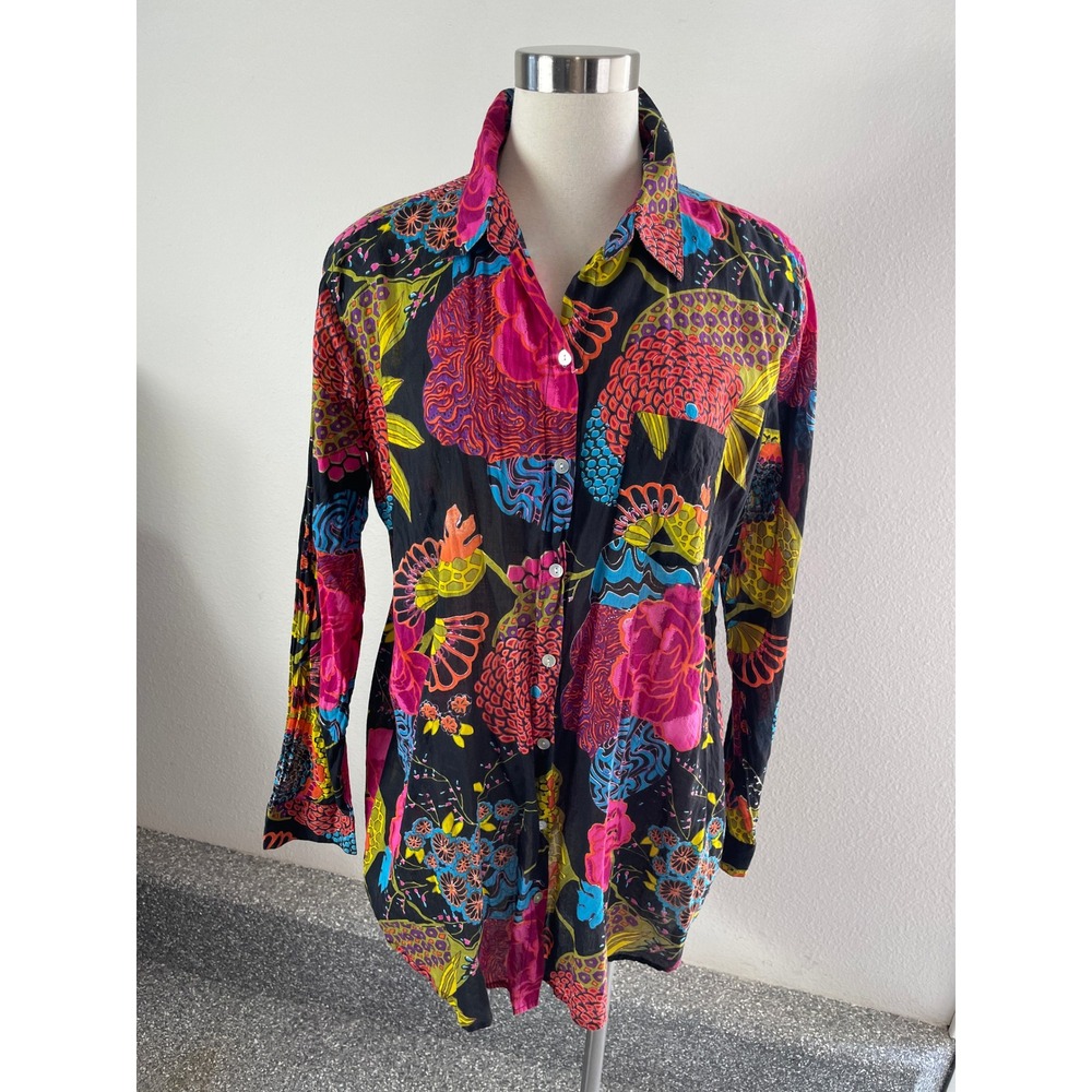 KikiSol Womens Large Button Down Tunic Top Floral Tropical Roll Tab Sleeve